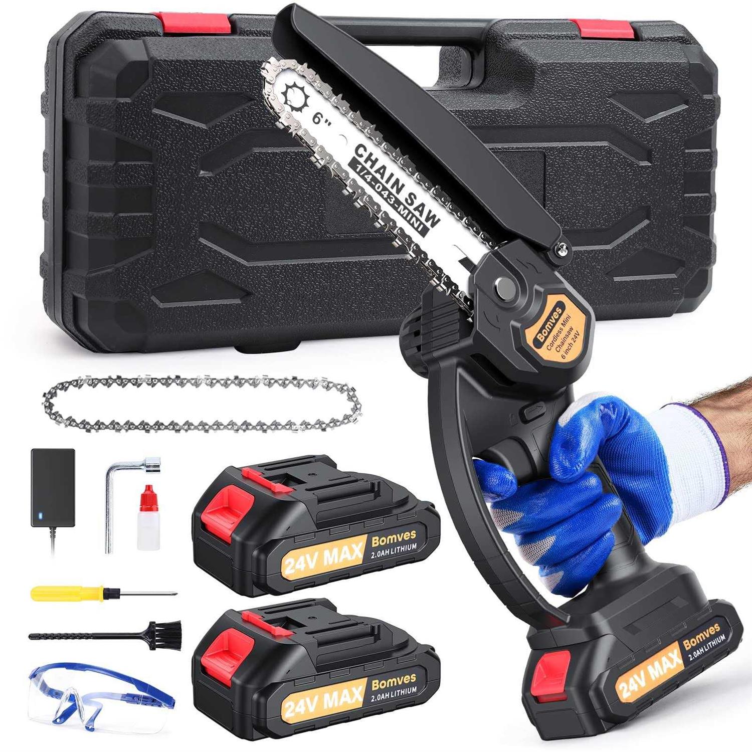 Cordless Mini Chainsaw 6-INCH Electric Power Chainsaw Battery Powered 2Pcs 24V 2000MAH Rechargeable Battery with Splash Guard for Wood Cutting