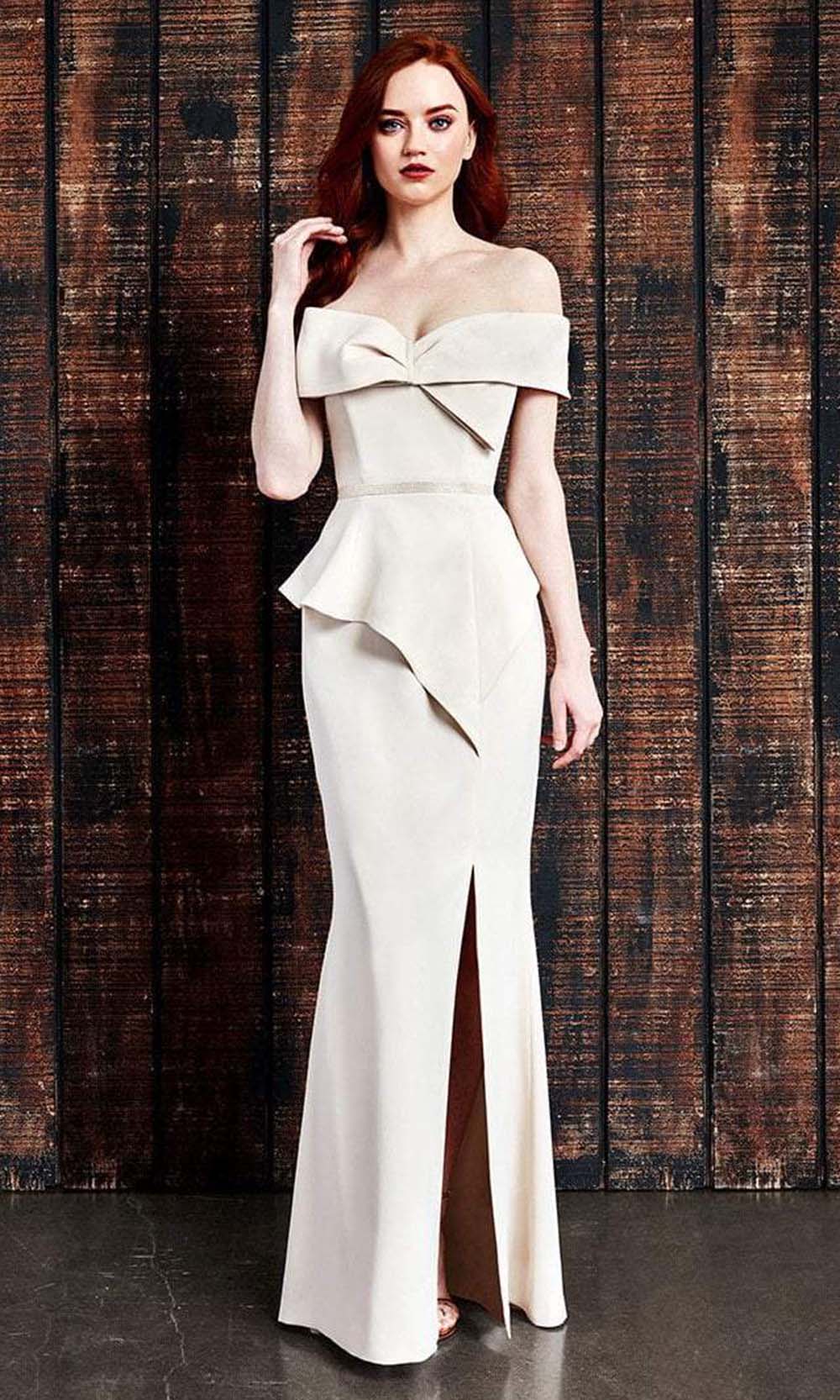 850 Bow Accent Off Shoulder Evening Dress