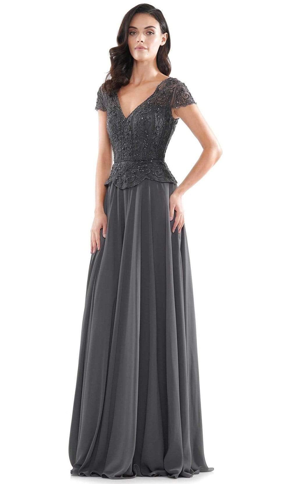 M243 Short Sleeve Embroidered Peplum Chiffon Gown