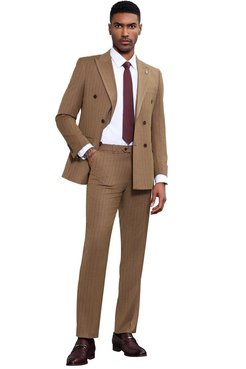 Men’s Stacy Adams Double Breasted Pinstripe Suit in Camel