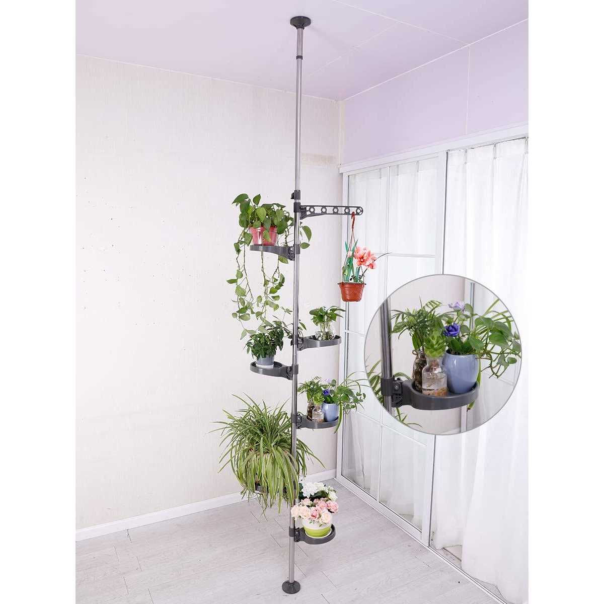 baoyouni 7-Tier Indoor Plant Pole Spring Tension Rod Expandable Flower Pots Display Rack Stand Hanger Metal Corner Storage Shelf