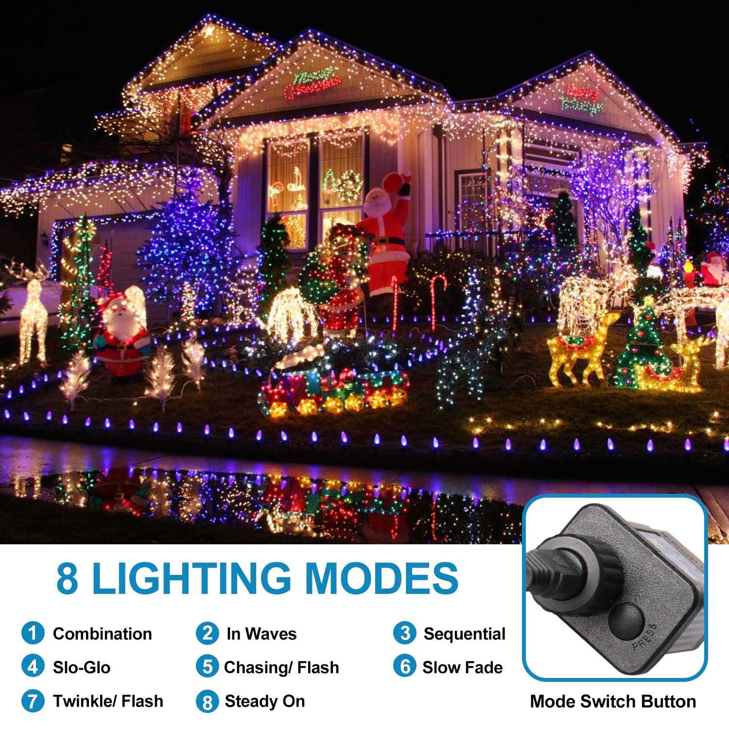 Blingstar Christmas Lights Colored String Lights 33ft 100 LED Waterproof Multicolor Twinkle Lights 8 Modes 30V Plug in Fairy String Lights For Indoor