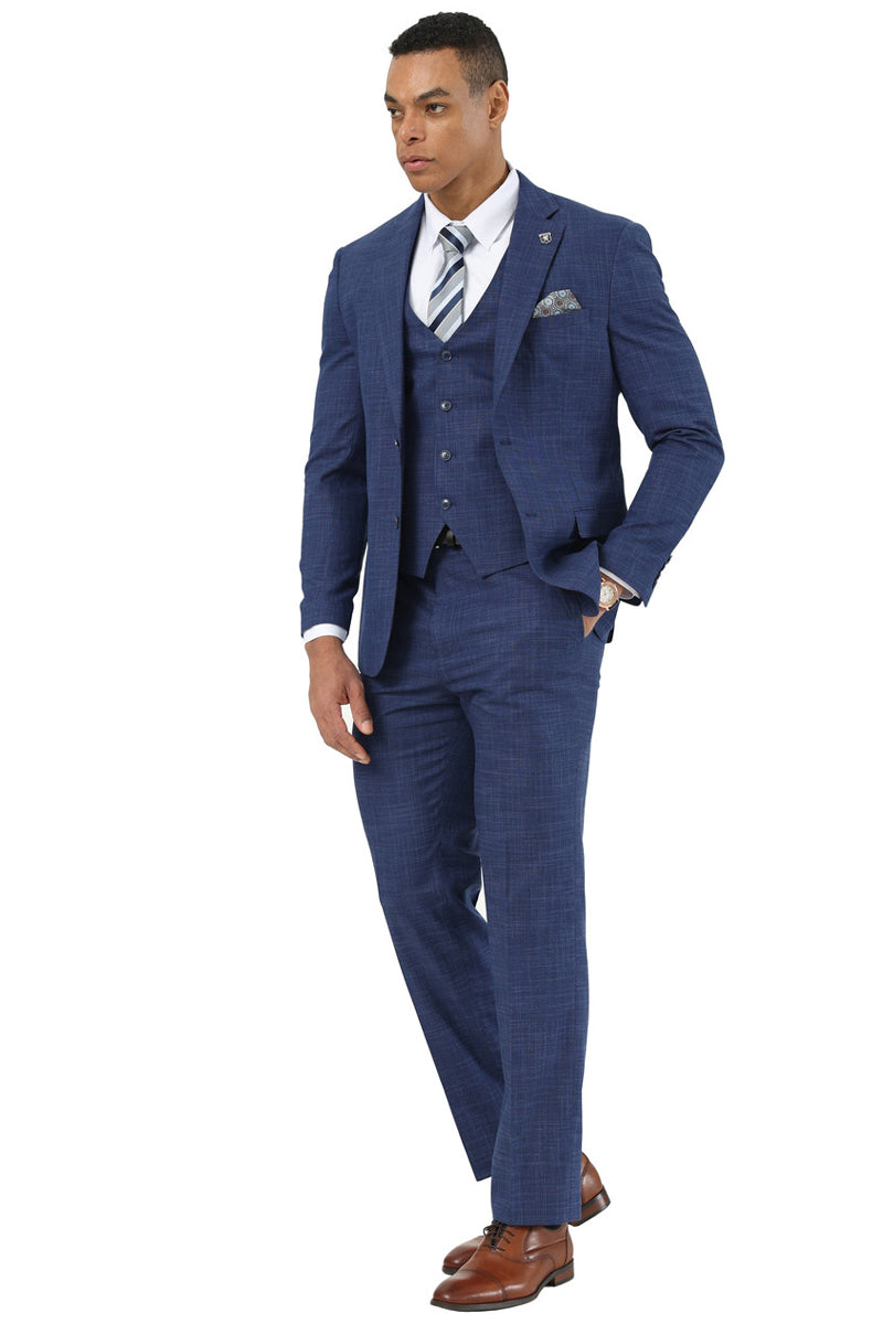 Men’s Designer Stacy Adams Vested Suit in Indigo Blue Sharkskin Weave
