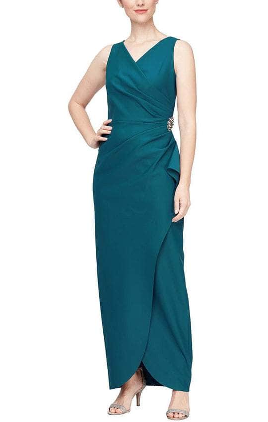 134200 Sleeveless Surplice Bodice Long Fitted Dress