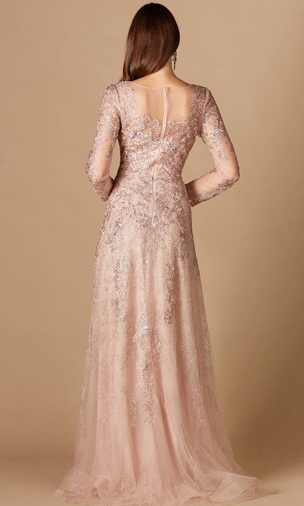 Floral Laced Plunging V Neck Long Sleeve Gown