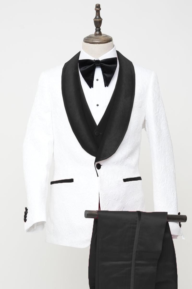 Men’s Vested White Paisley Wedding & Prom Tuxedo with Black Velvet Lapel