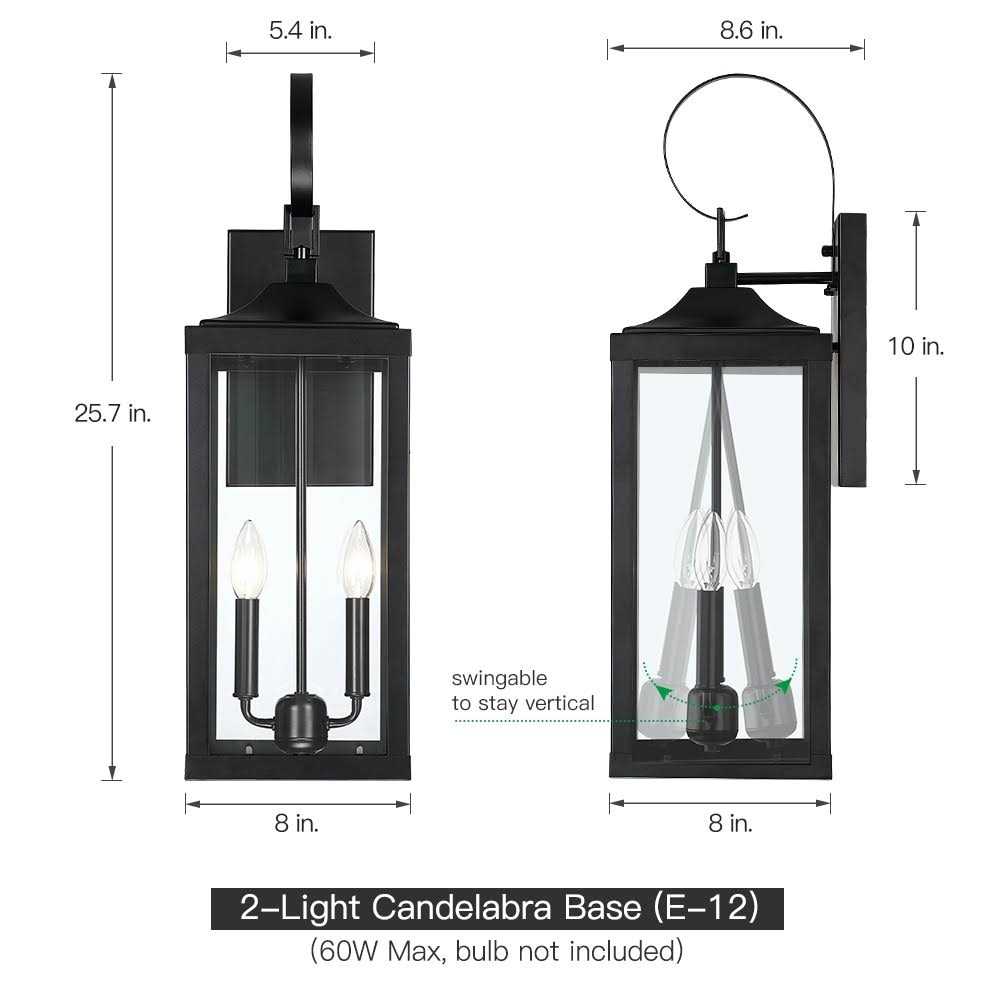 True Fine Jefferson 2-Light 25.7 in. Black Large Outdoor Wall Lantern Sconce Light TD40021OT