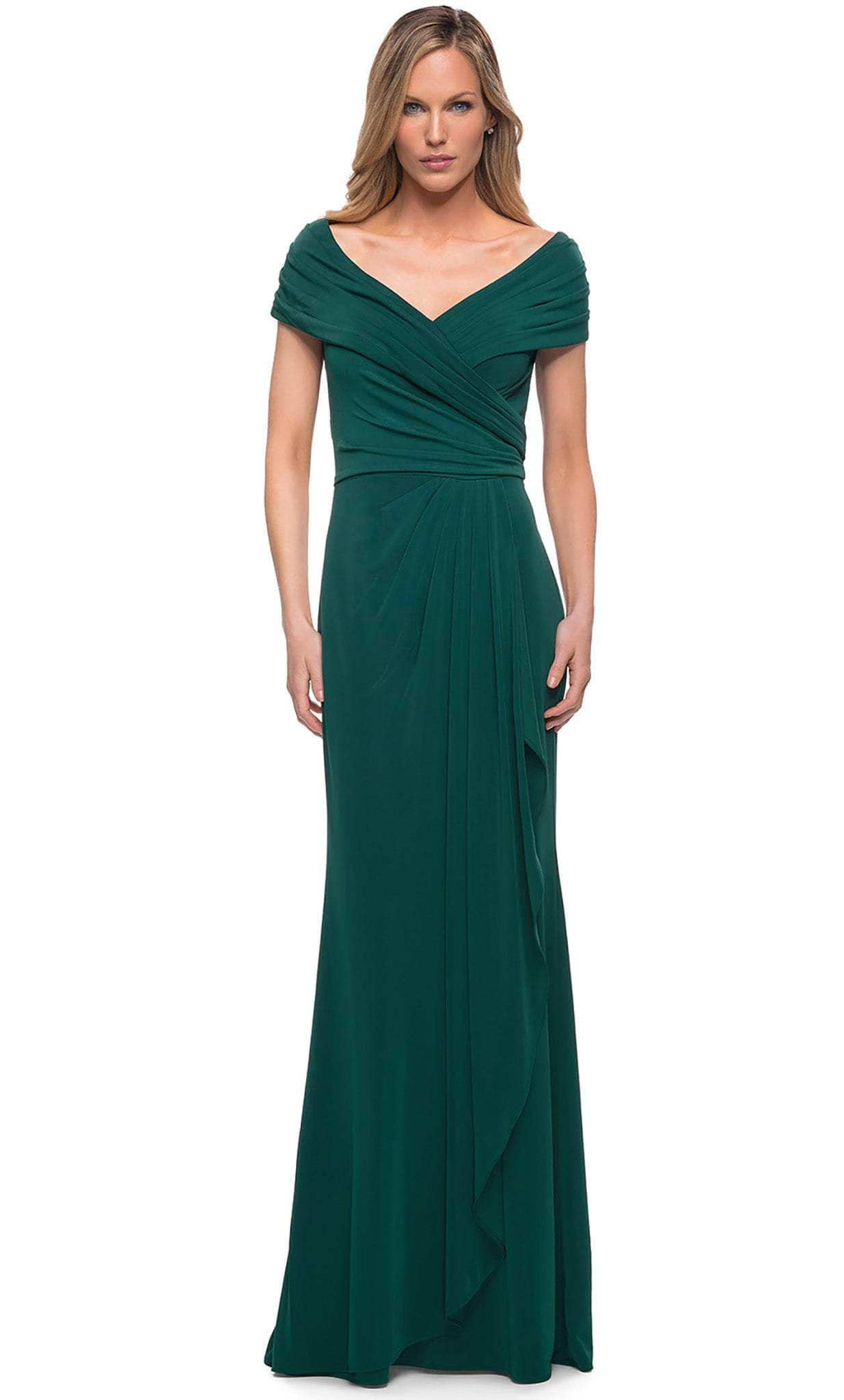 26519 Off Shoulder V Neck Long Sheath Jersey Gown