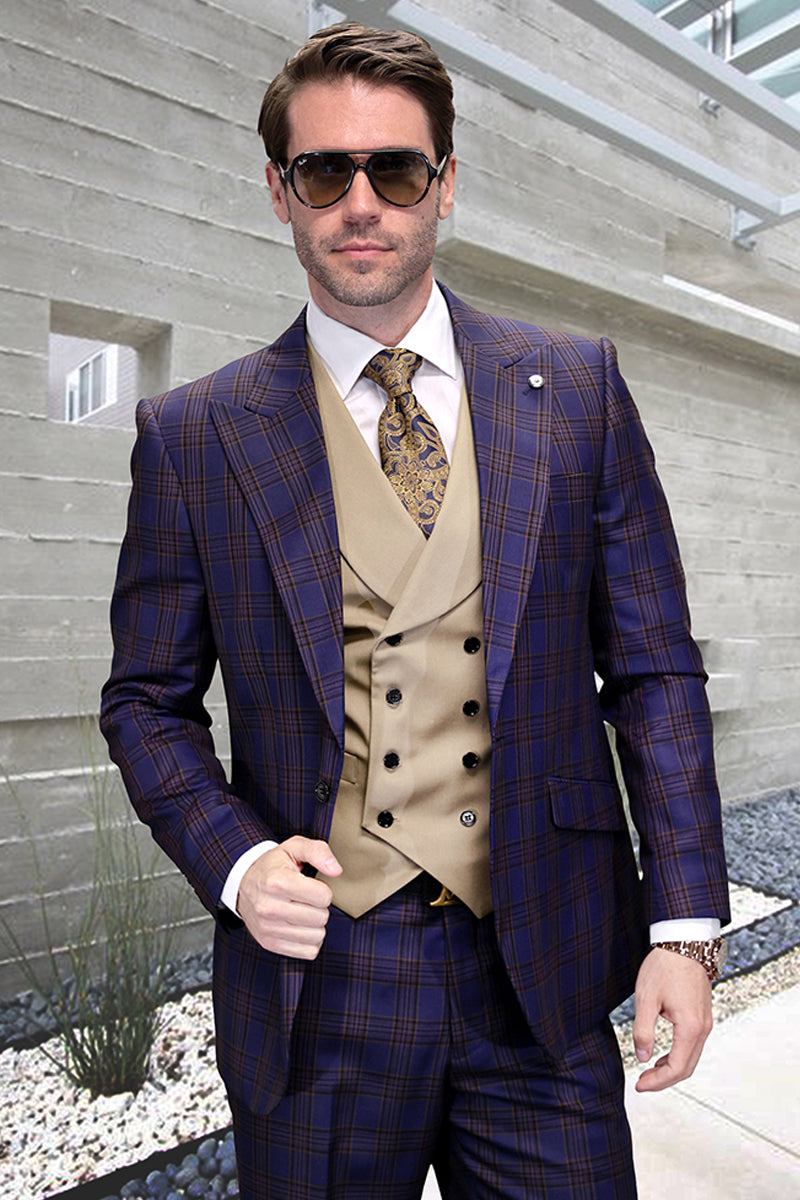 Men’s One Button Peak Lapel Wool Vested Suit in Sapphire Windowpane Plaid