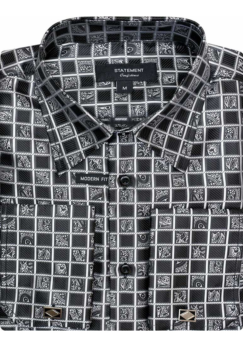 Men’s Fancy French Cuff Long Sleeve Dress Shirt in Black Windowpane Plaid