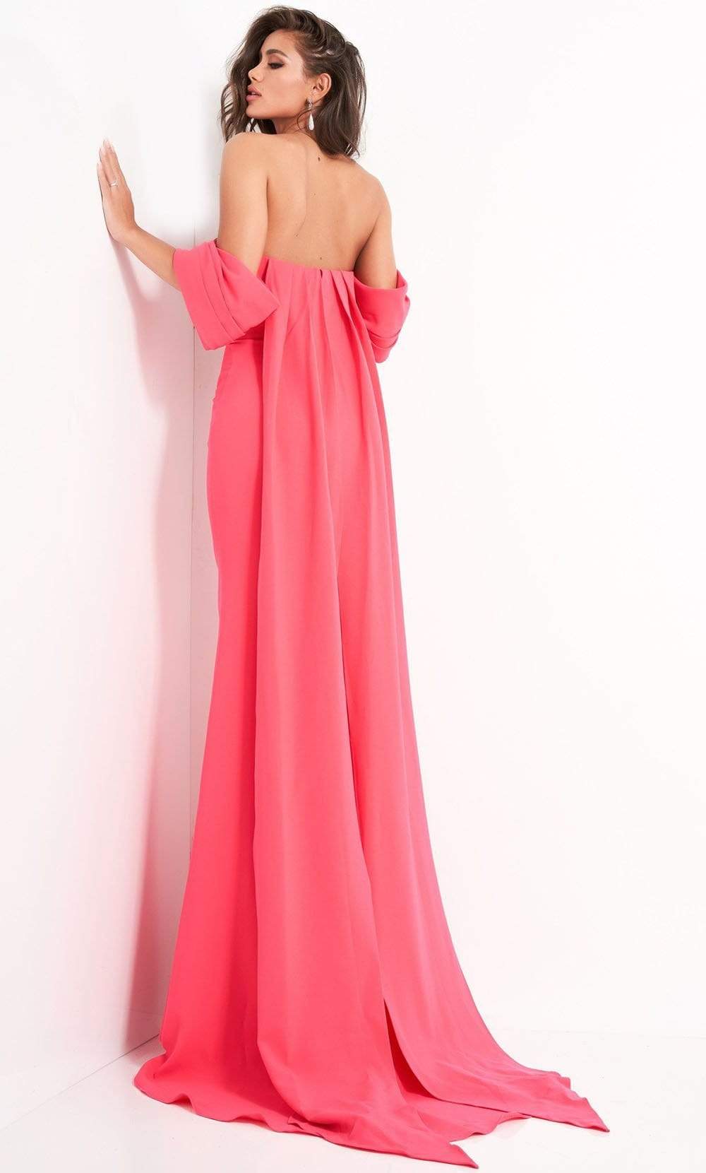 04350 Off Shoulder Crepe Evening Dress With Long Cape