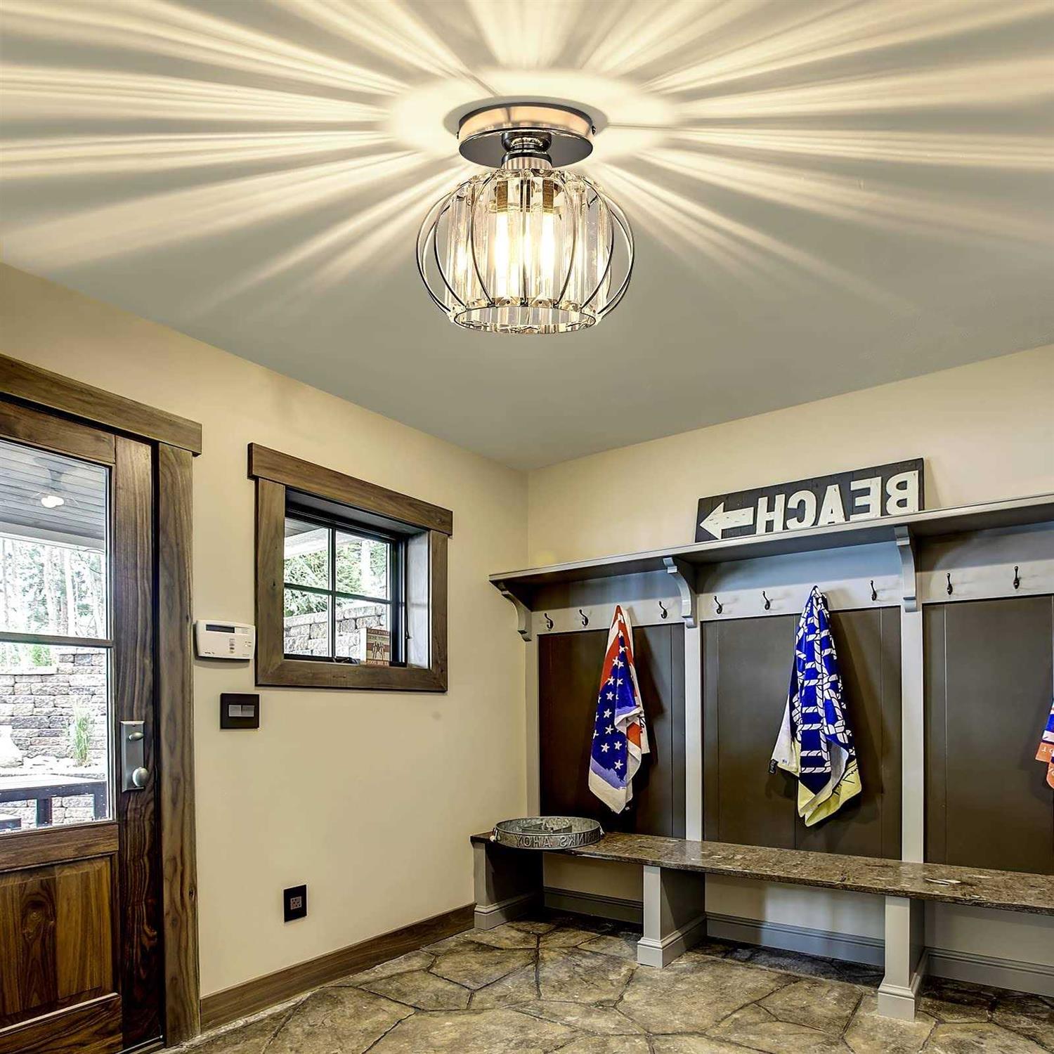 YYJLX Modern Semi Flush Mount ceiling Light Fixture E26 Mini crystal chandelier chrome Small ceiling Lamp for Entryway Bedroom B