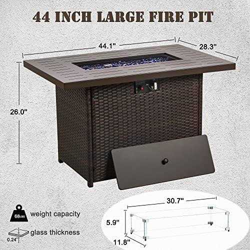 Vakollia Propane Fire Pit Table,44 Inch 55000 BTU Outdoor Gas Fire Pit Rectangular with Glass Wind Guard for Outside Patio Deck