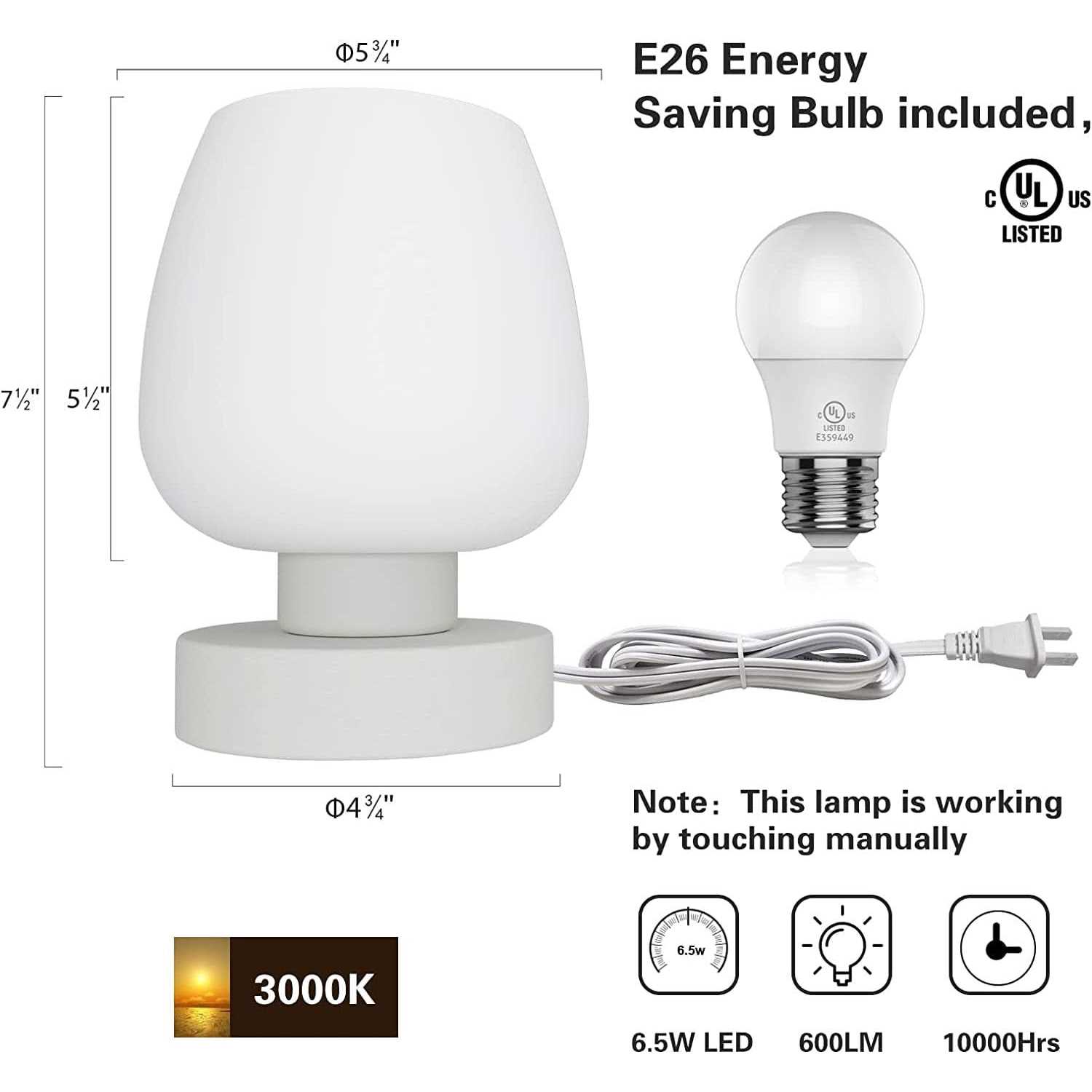 Bedside Table Lamp Touch Control Table Lamp with Glass Shade