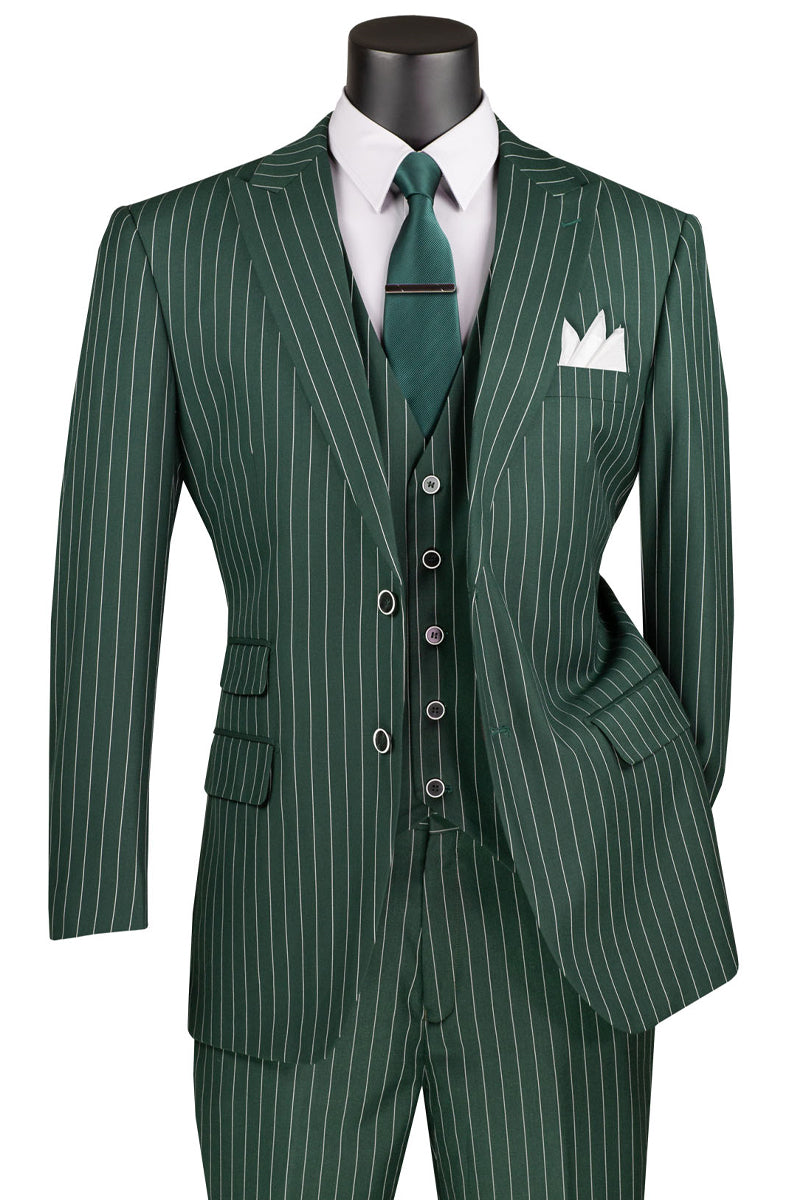 Men’s Vested Bold Gangster Pinstripe Suit in Hunter Green