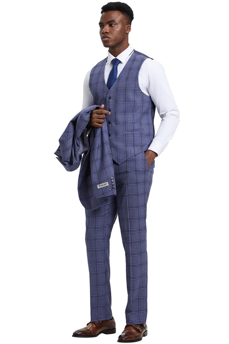 Men’s Stacy Adams Two Button Vested Glen Plaid Check Suit in Light Purple Lavender