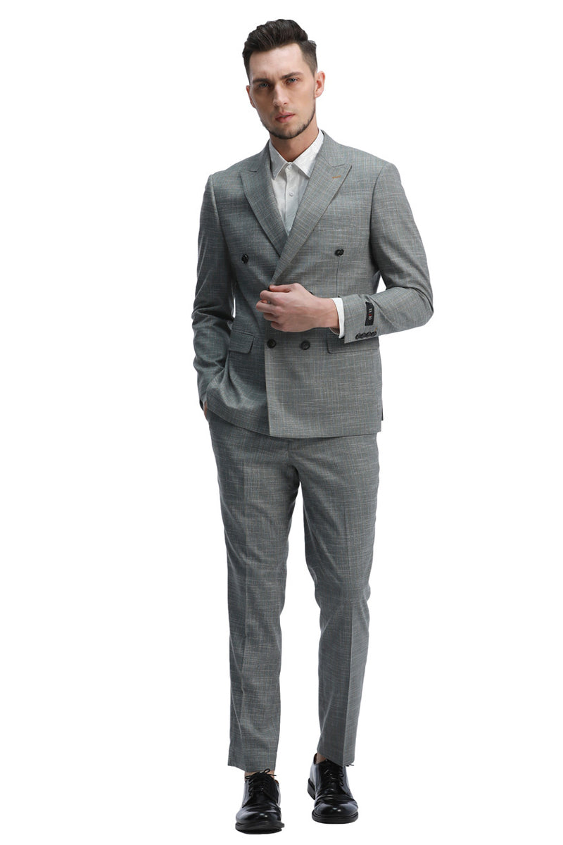 Men’s Slim Fit Double Breasted Summer Sharkskin Suit in Mint Green