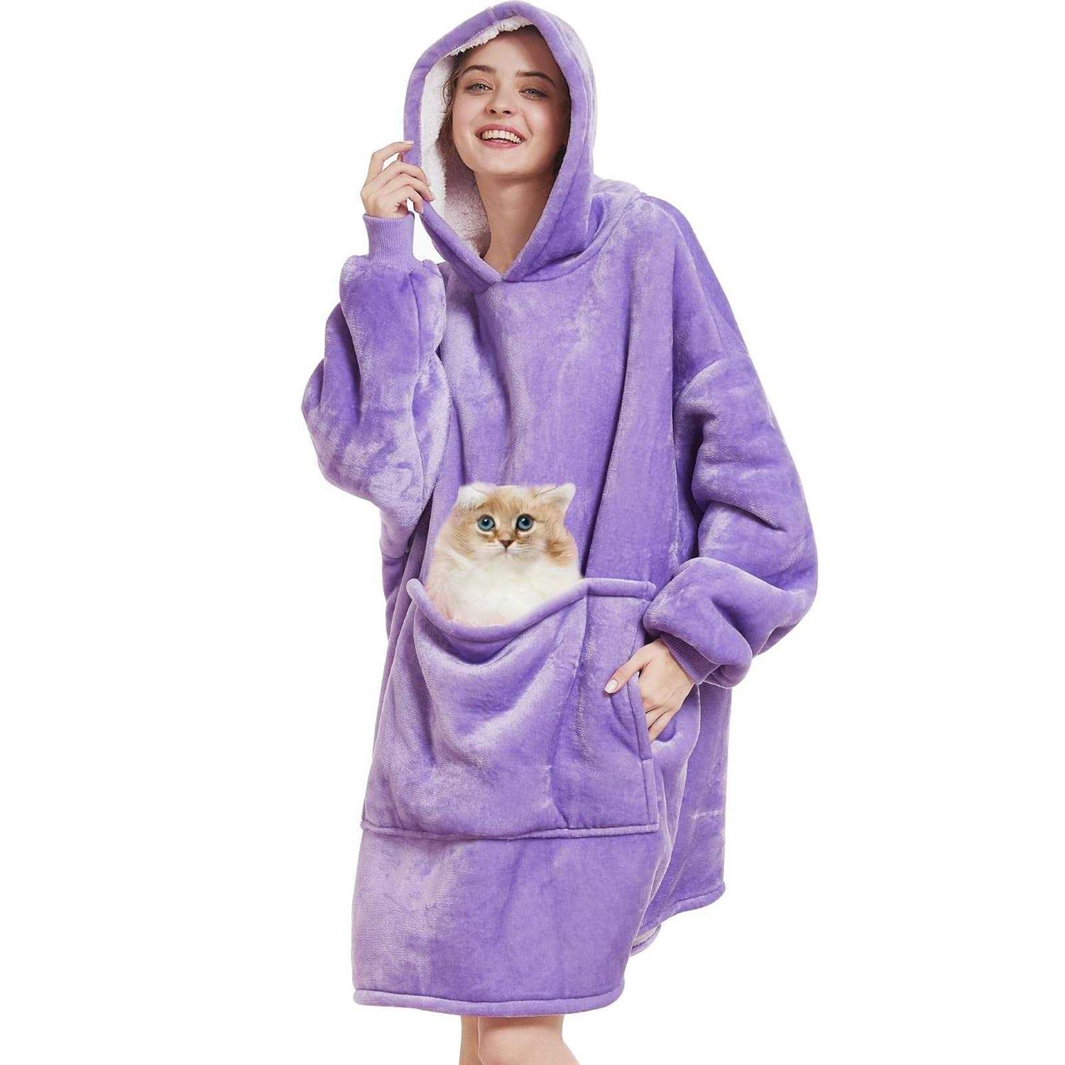 Aemilas Wearable Blanket Hoodie, Oversized Flannel Blanket Sweatshirt with Hood Pocket and Sleeves