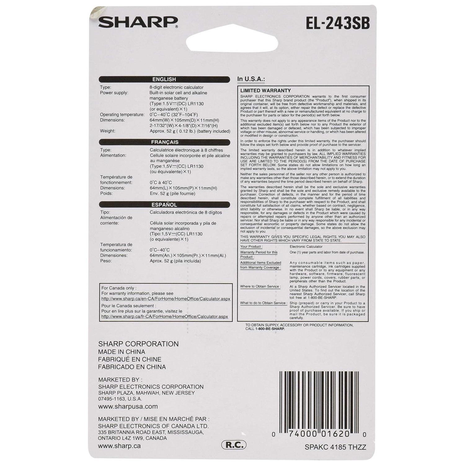 Sharp EL-243SB Solar Pocket Calculator EL243SB