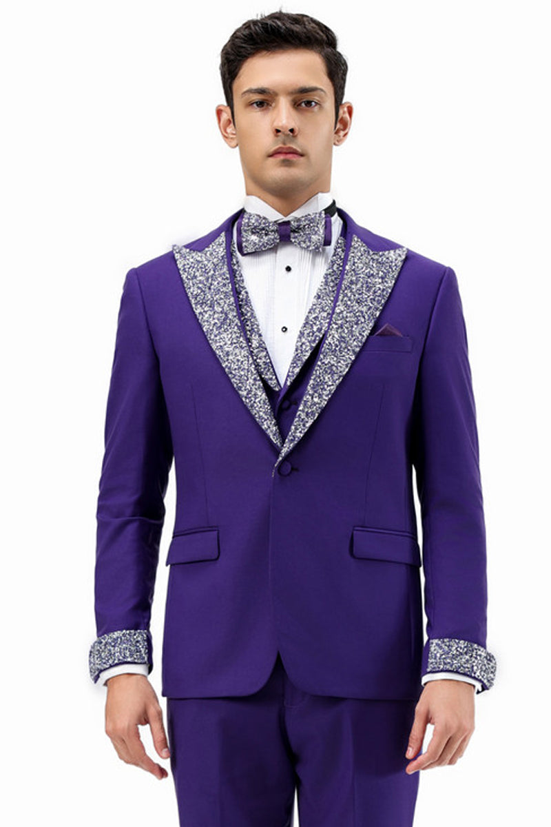 Men’s One Button Rhinestone Peak Lapel Vested Prom Tuxedo in Purple