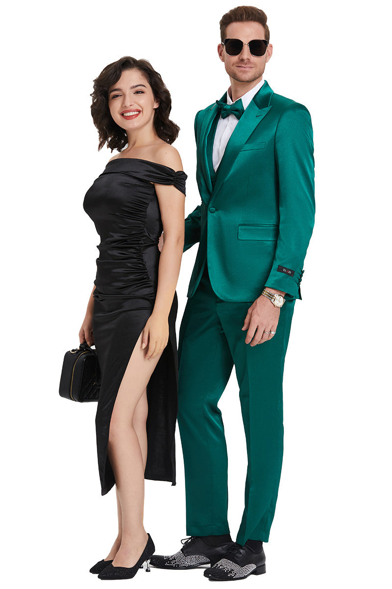 Men’s One Button Vested Shiny Satin Sharkskin Prom & Wedding Party Suit in Emerald Green