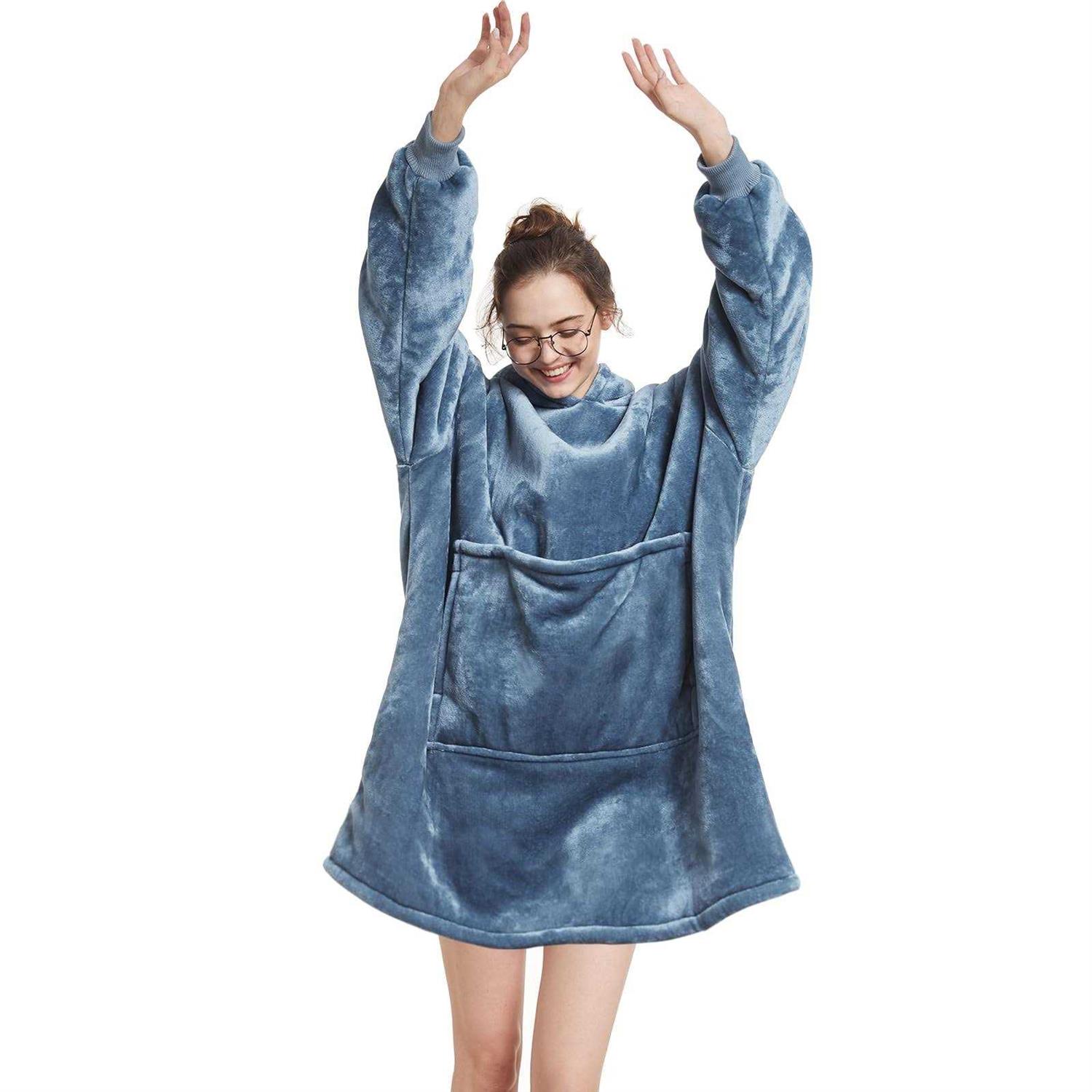 Aemilas Wearable Blanket Hoodie, Oversized Flannel Blanket Sweatshirt with Hood Pocket and Sleeves