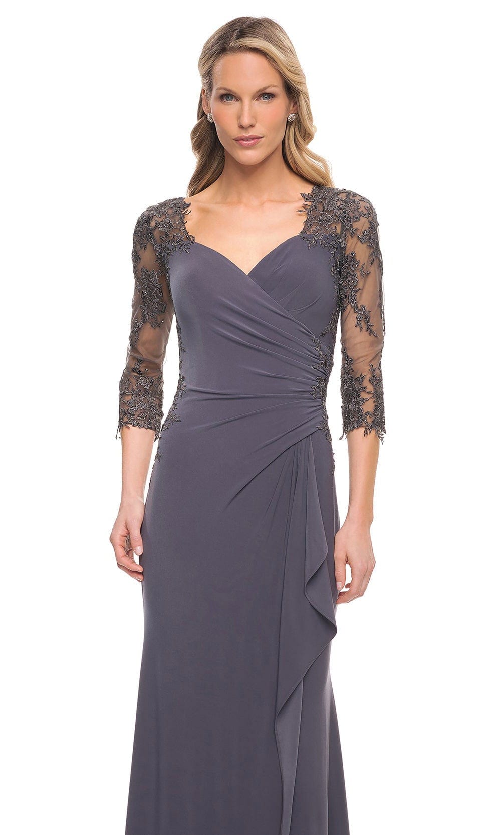 Lace Covered Sleeves Net Jersey Gown