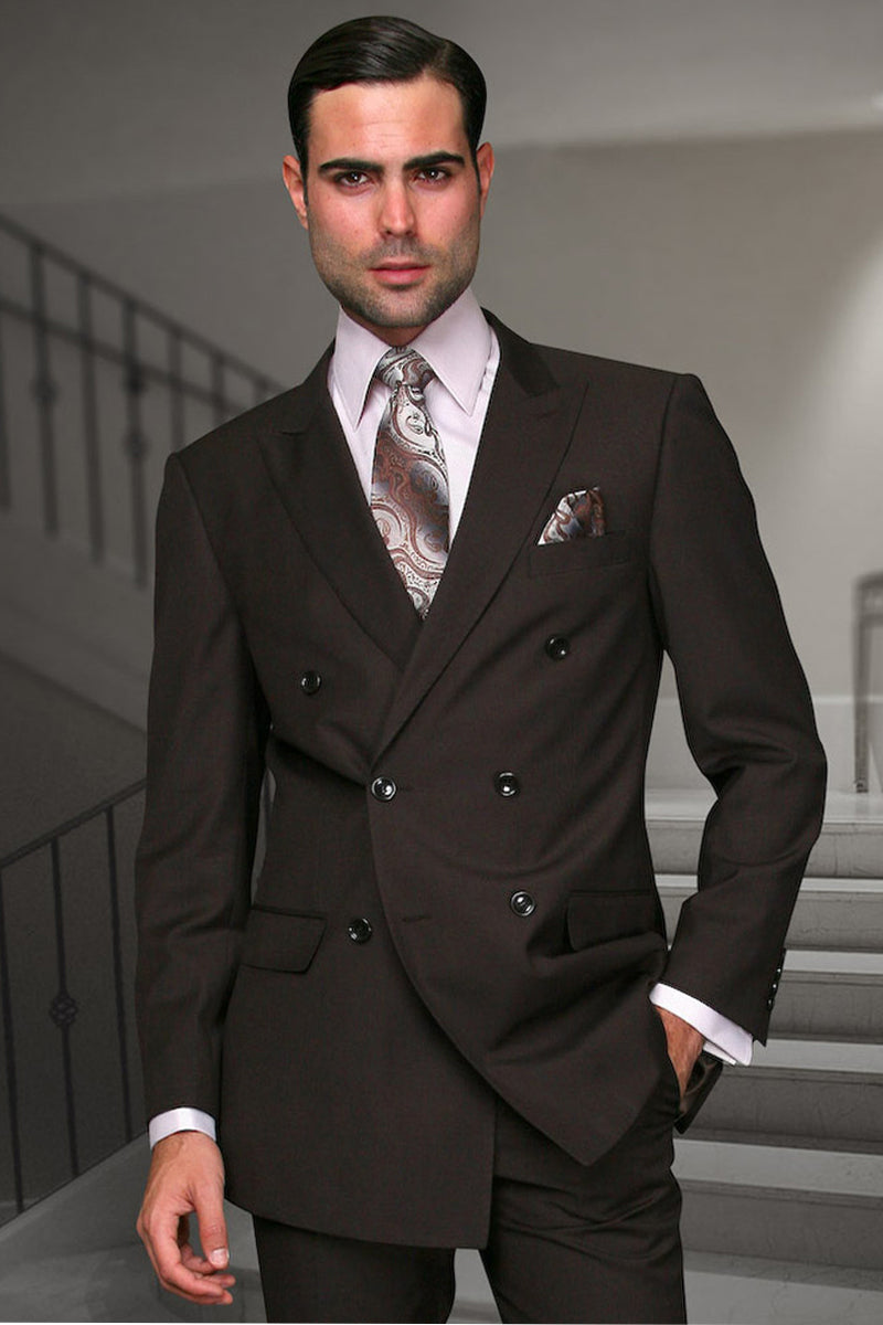 Men’s Designer Modern Fit Double Breasted Wool Suit with Gold Buttons in Navy Blue