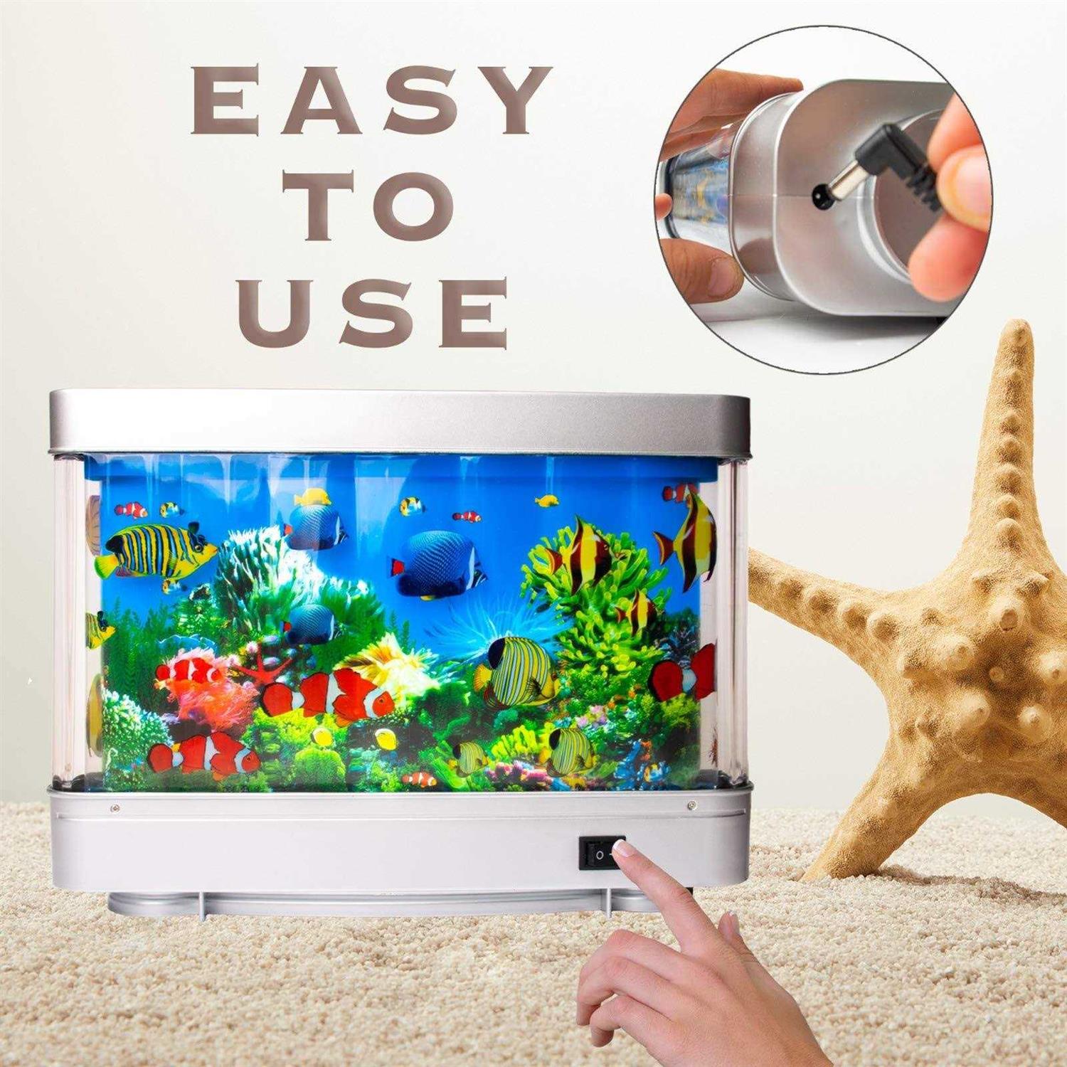 Aquarium Mood Lamp Night Light Mock Fish Tank with LED Lights and Moving Background. Your Own Ocean in Motion for Desk