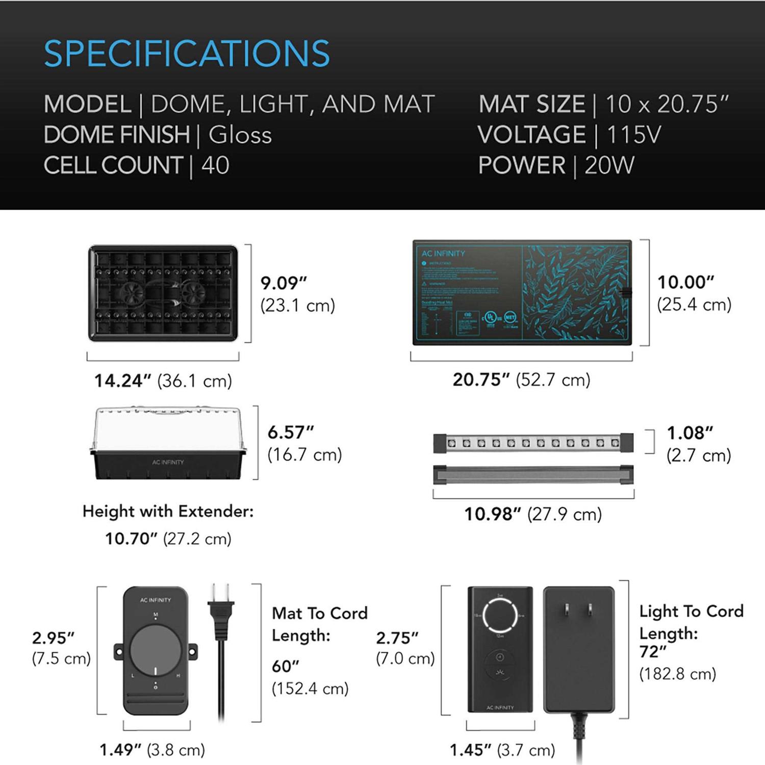 AC Infinity Humidity Dome, Germination Kit with Seedling Mat and LED Grow Light Bars