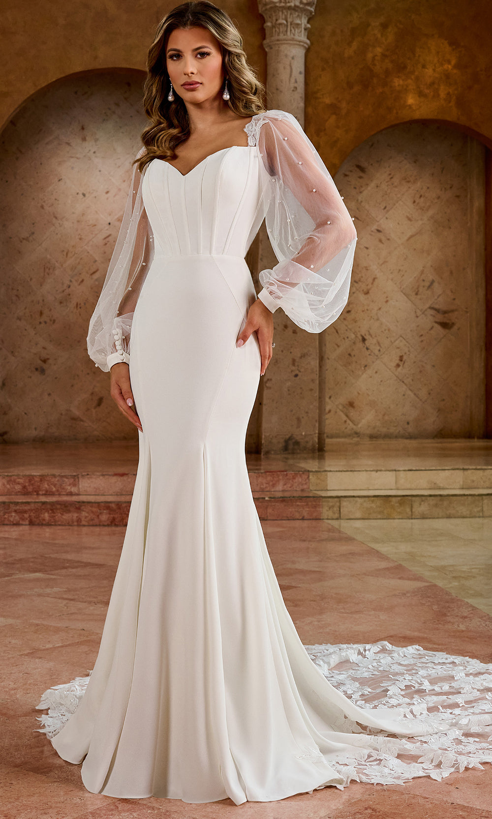 Pearl-Accented Bishop Sleeve Bridal Gown