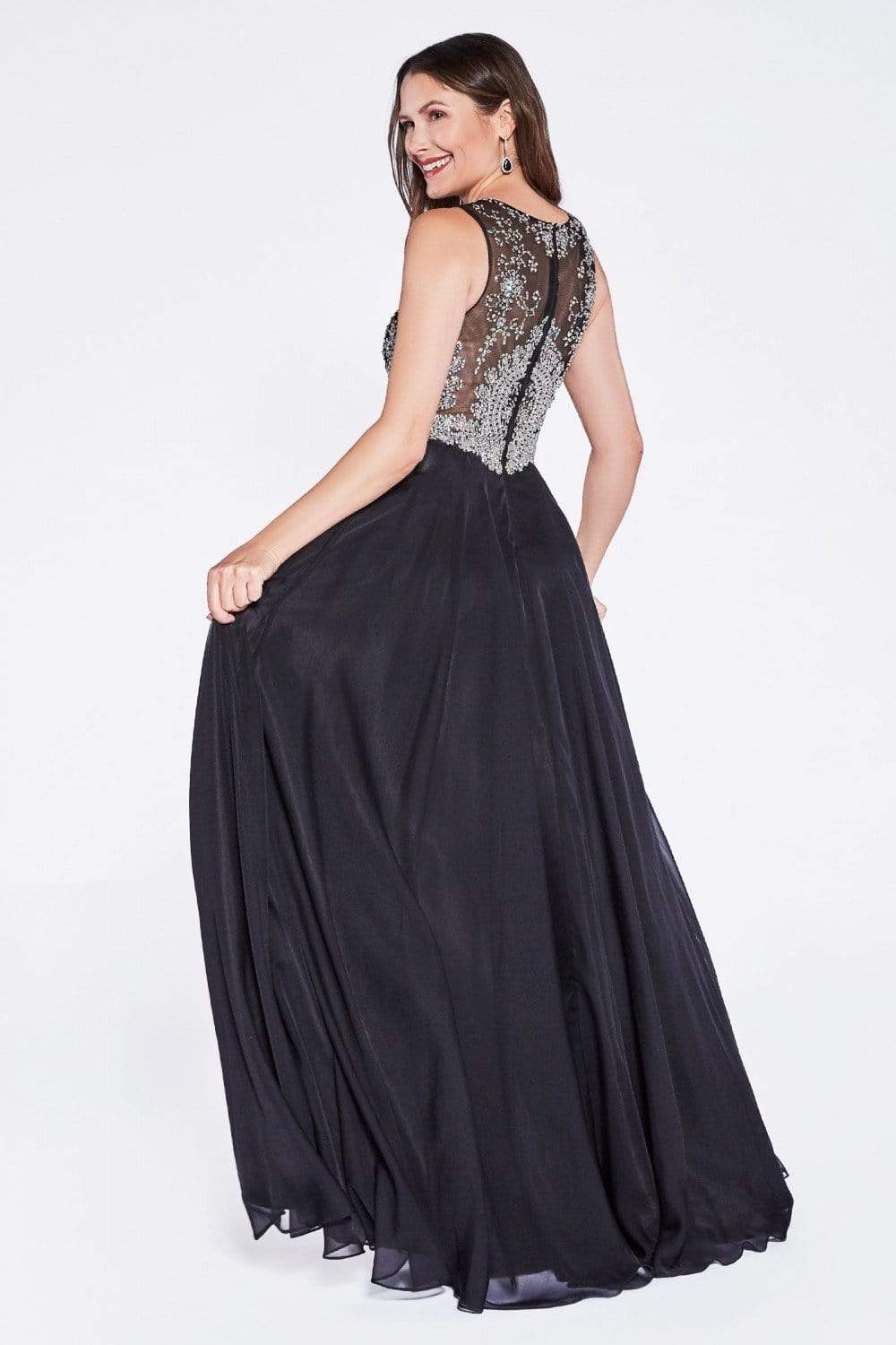 Sleeveless Illusion Metallic Appliqued A-Line Gown