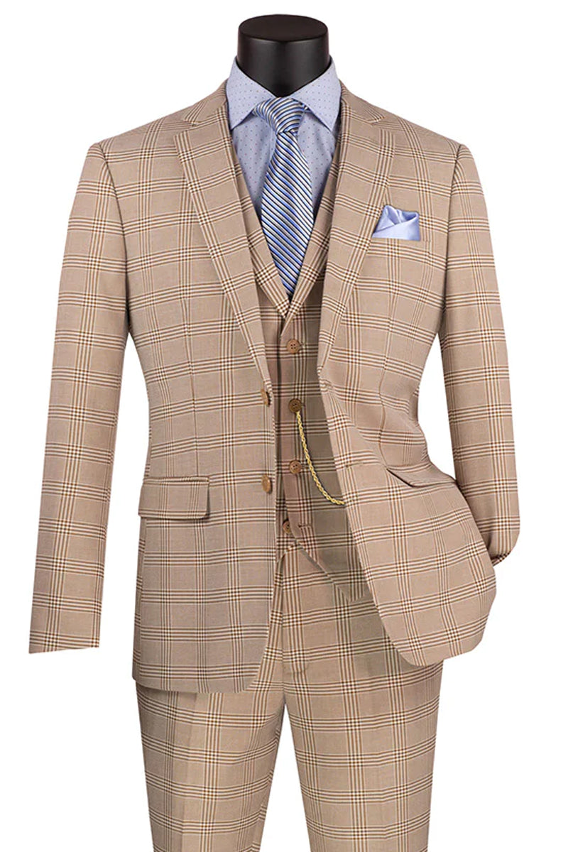 Men’s Slim Fit Vested Glen Plaid Summer Business Suit in Beige