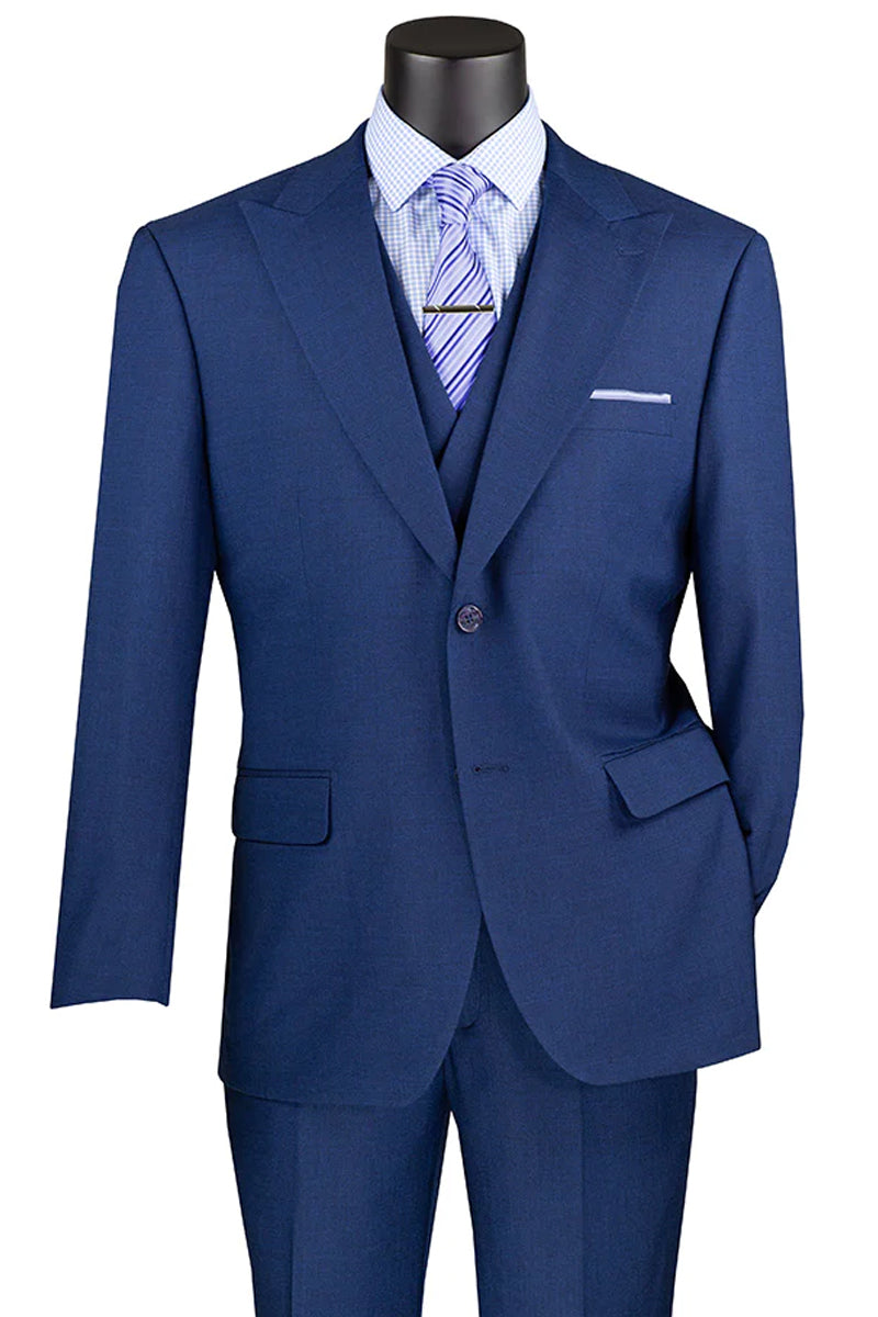 Men’s Summer Sharkskin Suit with Double Breasted Vest in Navy Blue