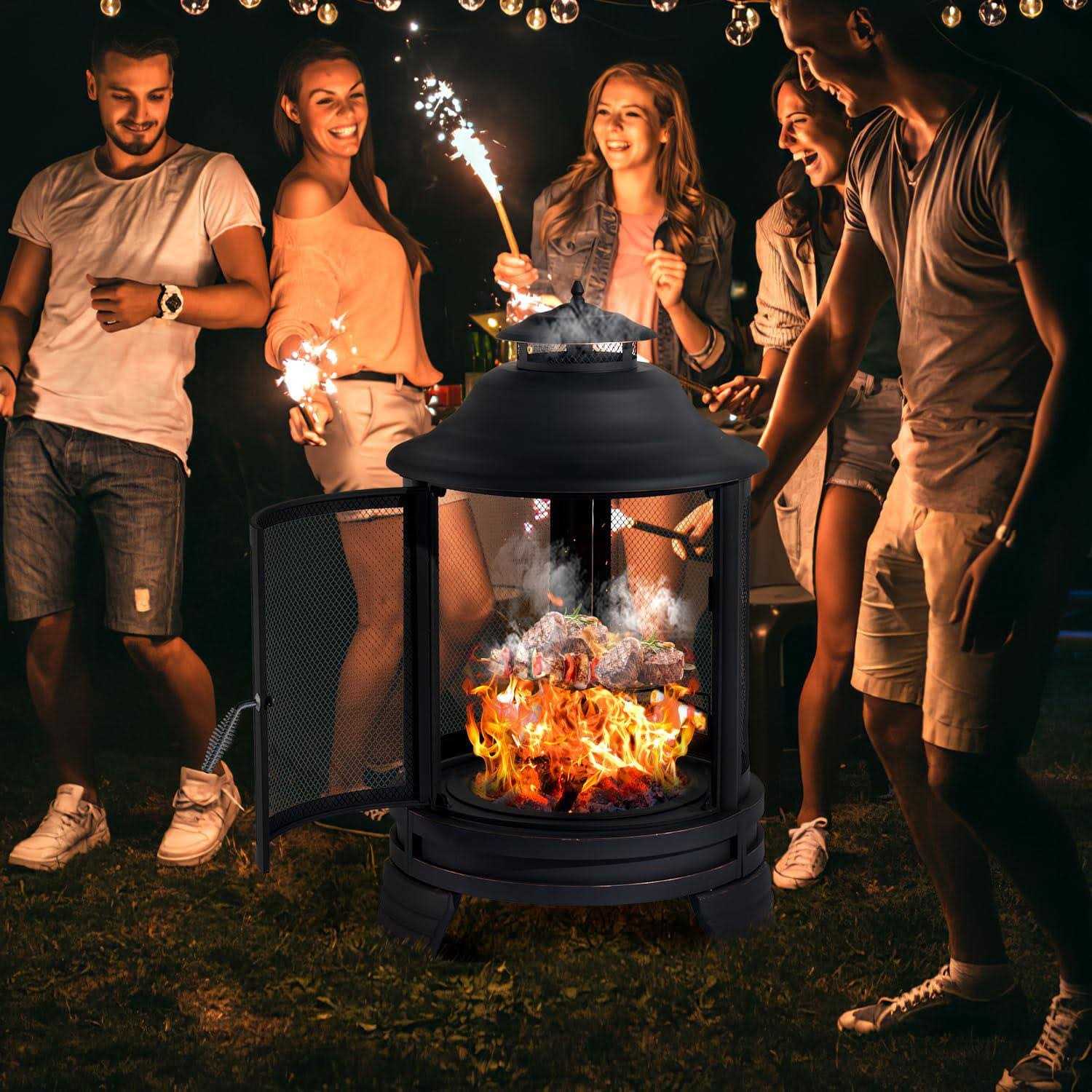 Aoxun Chiminea Fire Pit with Grill for Outdoor, 2 in 1 Fire Pit with Removable Grate, and Mesh Spark Screen Doors