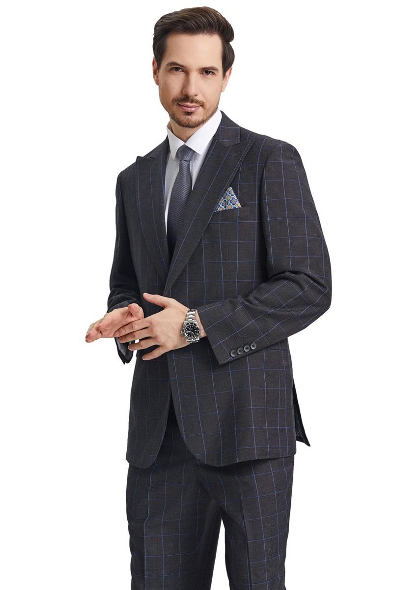 Men’s Stacy Adams Peak Lapel Charcoal Grey Windowpane Plaid Suit with a Scoop Neck Vest
