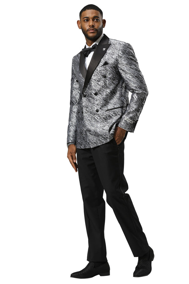 Men’s Stacy Adams Double Breasted Wedding & Prom Tuxedo Jacket in Textured Shiny Silver Sharkskin