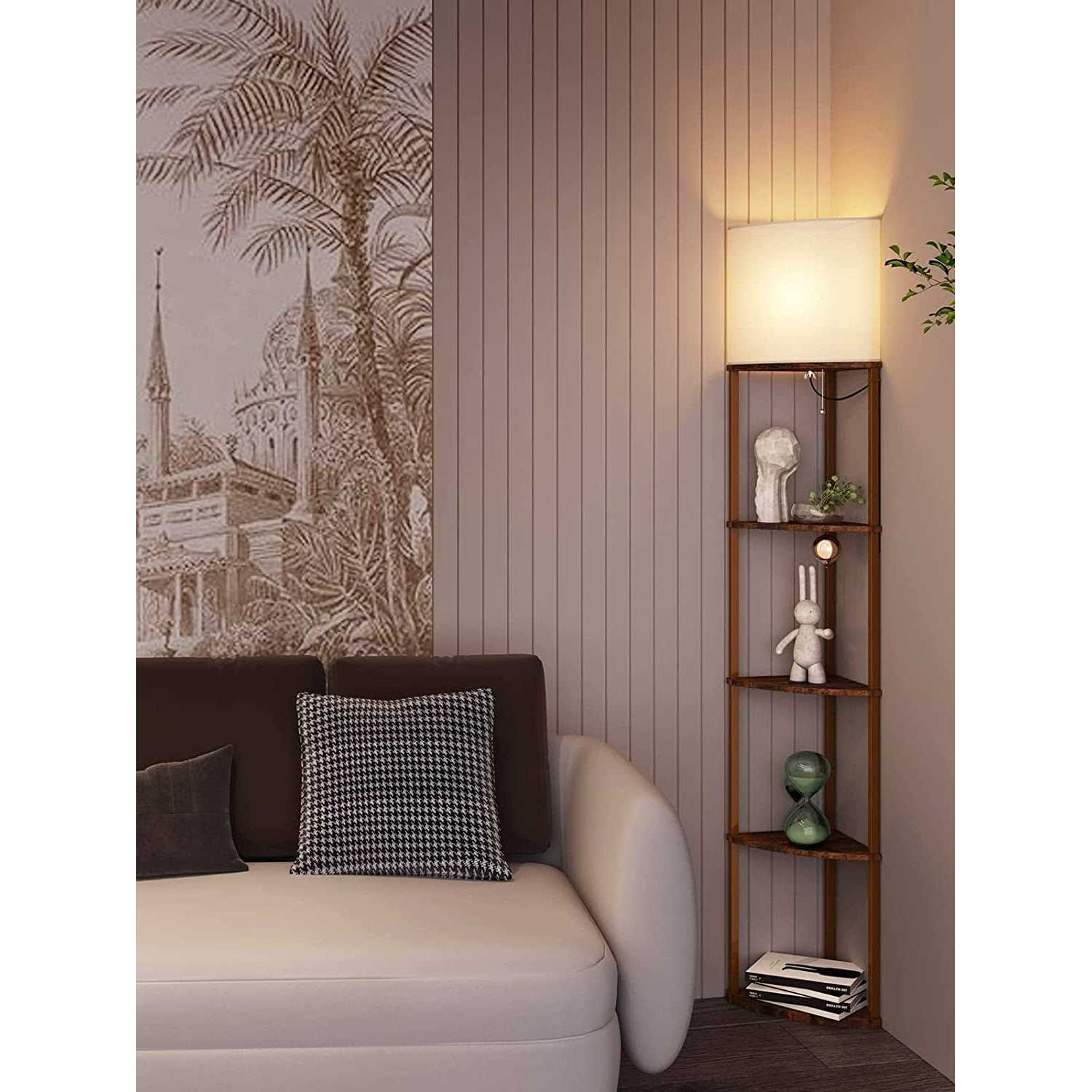 addlon 5-Tier Sector Corner Shelf Floor Lamp with 3 Color Temperatures LED Bulb and White Lamp Shade