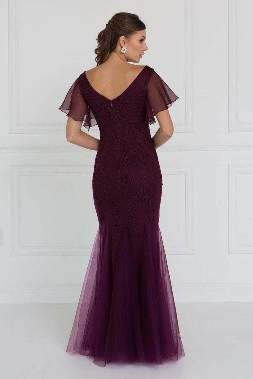 Foliage Appliqued Sheer Sleeve Formal Gown