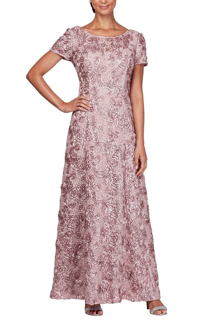 212788 Rosette Lace Sequin Short Sleeve A-Line Gown
