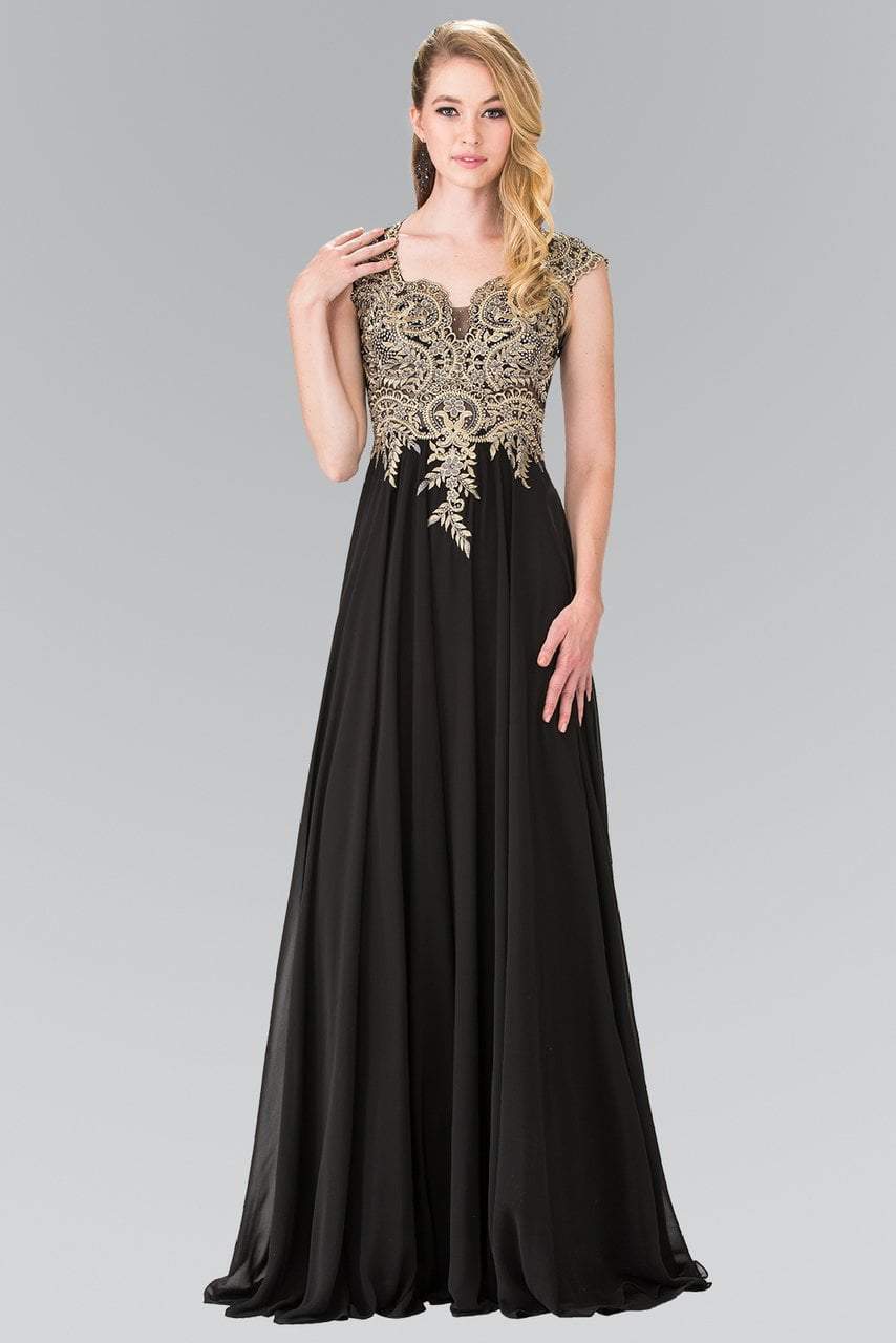 GL2229 Gilt Embroidered Bateau A-Line Gown