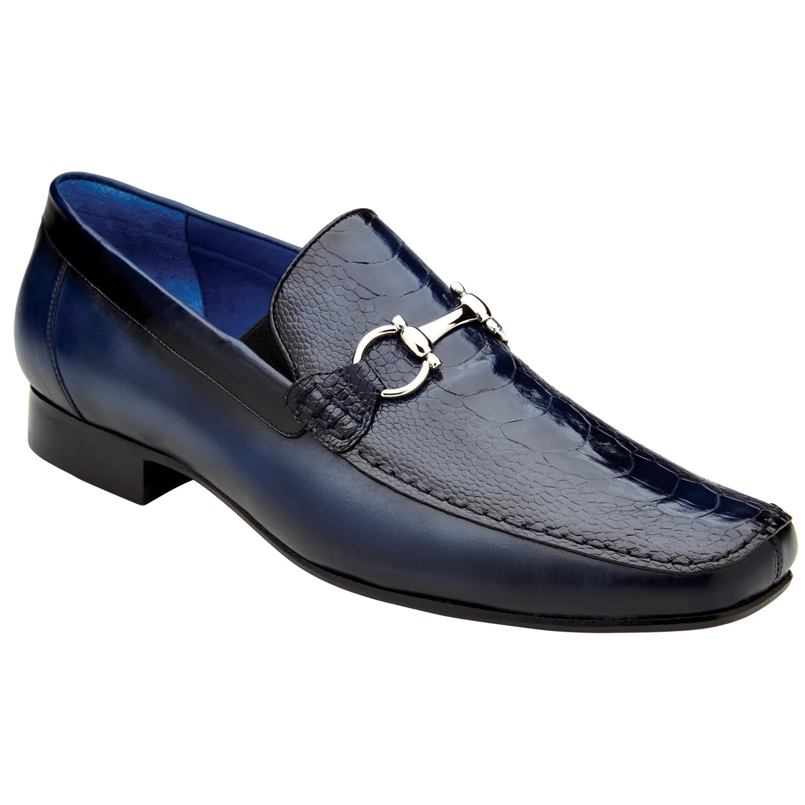 Men’s Belvedere Bruno Calfskin & Ostrich Leg Buckle Loafer in Navy