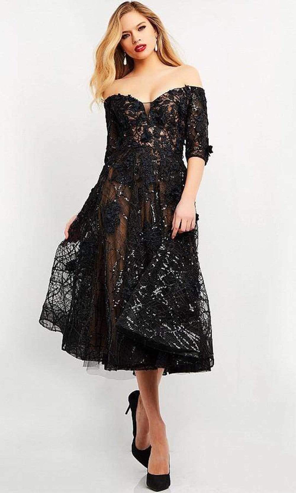 06637 Off Shoulder Sweetheart Tea Length