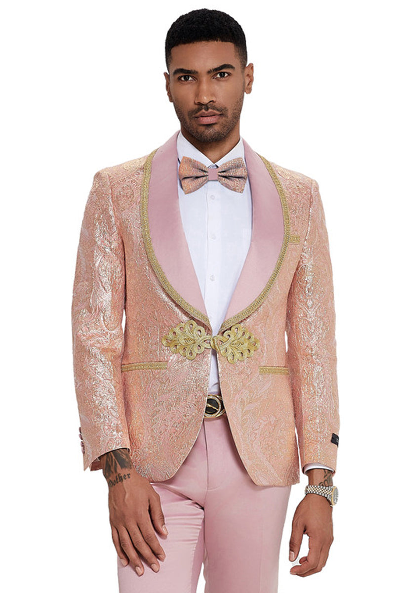 Men’s One Button Shawl Lapel Wedding & Prom Tuxedo in Shiny Pink Paisley