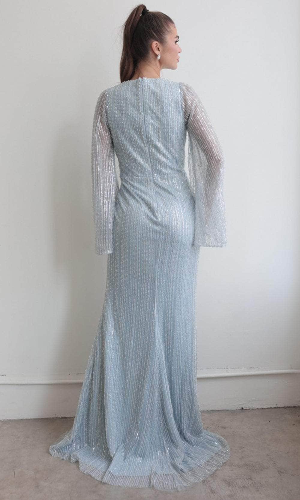 Sequined Long Bell Sleeve Evening Gown