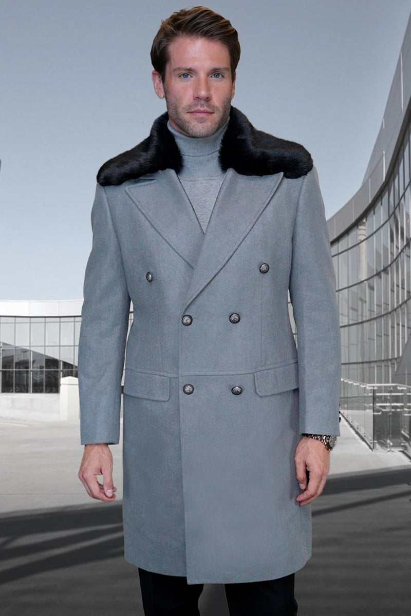 Men’s Designer 100% Double Breasted Winter Overcoat with Removable Fur Collar in Grey