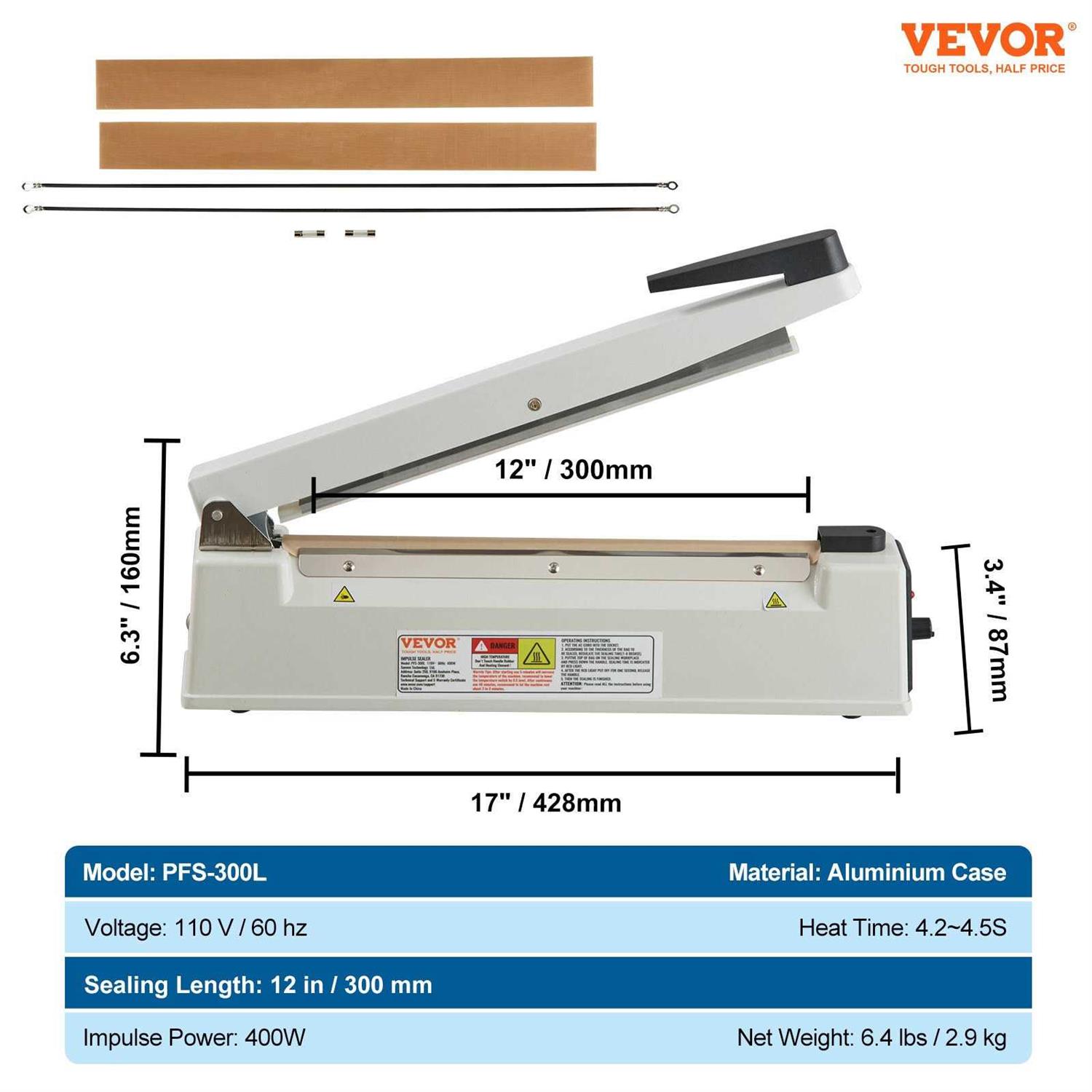 VEVOR Impulse Sealer 16 inch Manual Heat Seal Machine with Adjustable Heating Mode