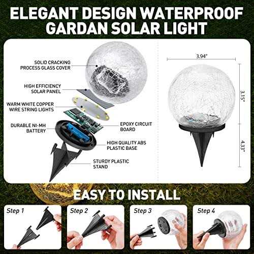 Bannad Garden Solar Lights Cracked Glass Ball Waterproof Warm White LED for Outdoor Decor Decorations Pathway Patio Yard Lawn