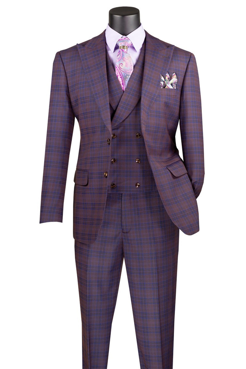 Men’s Summer Windowpane Plaid Suit with Double Breasted Vest in Purple