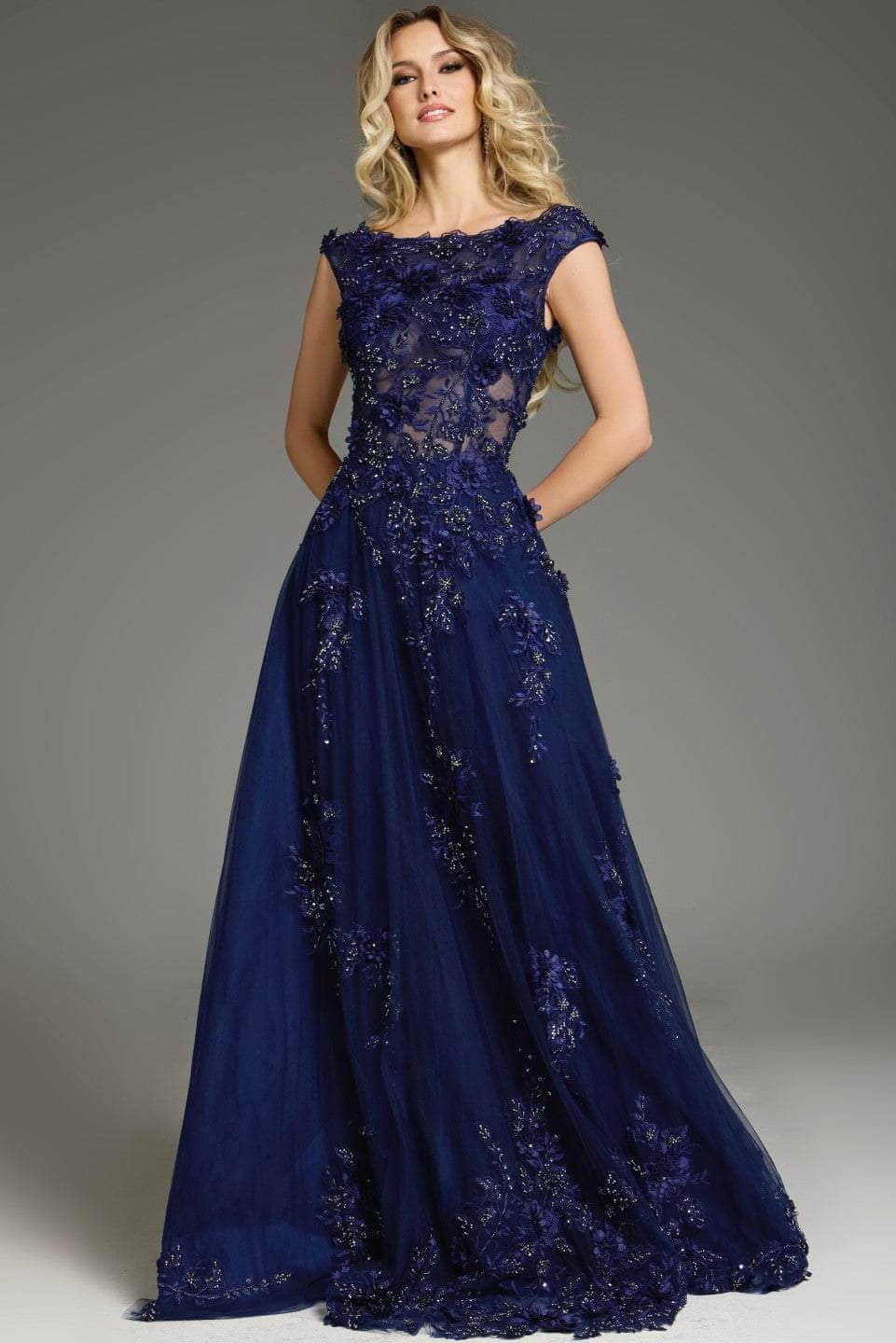 Lace Floral Cape Sleeve Prom Gown